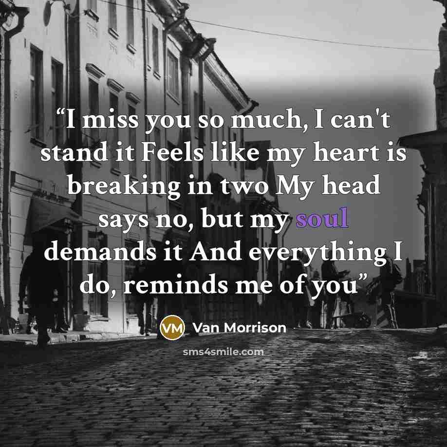 “I miss you so much, I can't stand it Feels like my heart is breaking in two My head says no, but my soul demands it And everything I do, reminds me of you” quote by Van Morrison