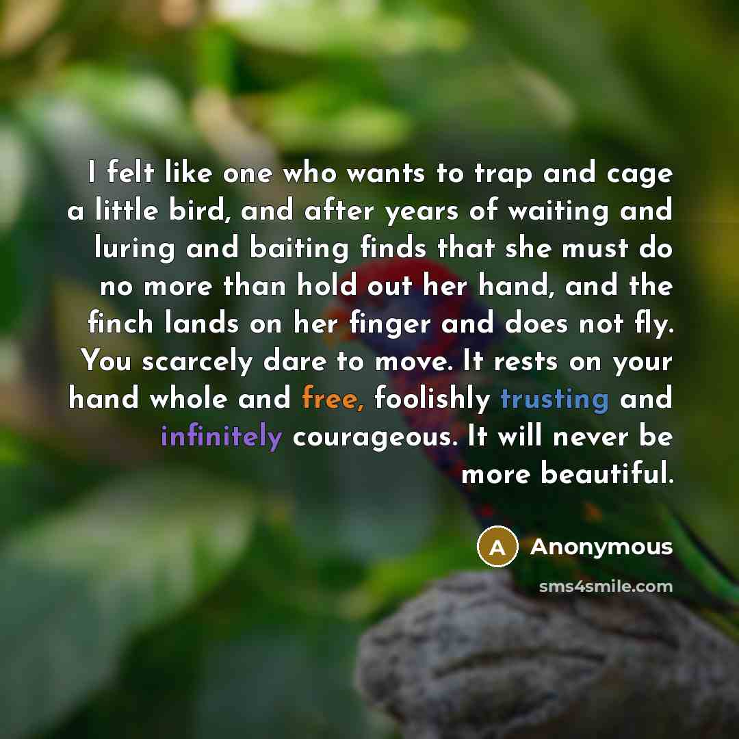“I felt like one who wants to trap and cage a little bird, and after years of waiting and luring and baiting finds that she must do no more than hold out her hand, and the finch lands on her finger and does not fly. You scarcely dare to move. It rests on your hand whole and free, foolishly trusting…” quote by Anonymous