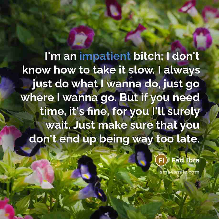 “I'm an impatient bitch; I don't know how to take it slow. I always just do what I wanna do, just go where I wanna go. But if you need time, it's fine, for you I'll surely wait. Just make sure that you don't end up being way too late.” quote by Fad Ibra