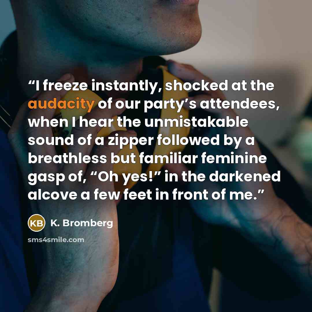 “I freeze instantly, shocked at the audacity of our party’s attendees, when I hear the unmistakable sound of a zipper followed by a breathless but familiar feminine gasp of, “Oh yes!” in the darkened alcove a few feet in front of me.” quote by K. Bromberg