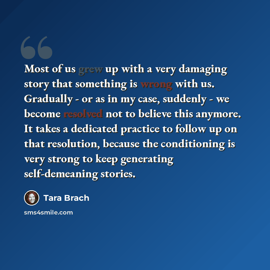 “Most of us grew up with a very damaging story that something is wrong with us. Gradually - or as in my case, suddenly - we become resolved not to believe this anymore. It takes a dedicated practice to follow up on that resolution, because the conditioning is very strong to keep generating…” quote by Tara Brach