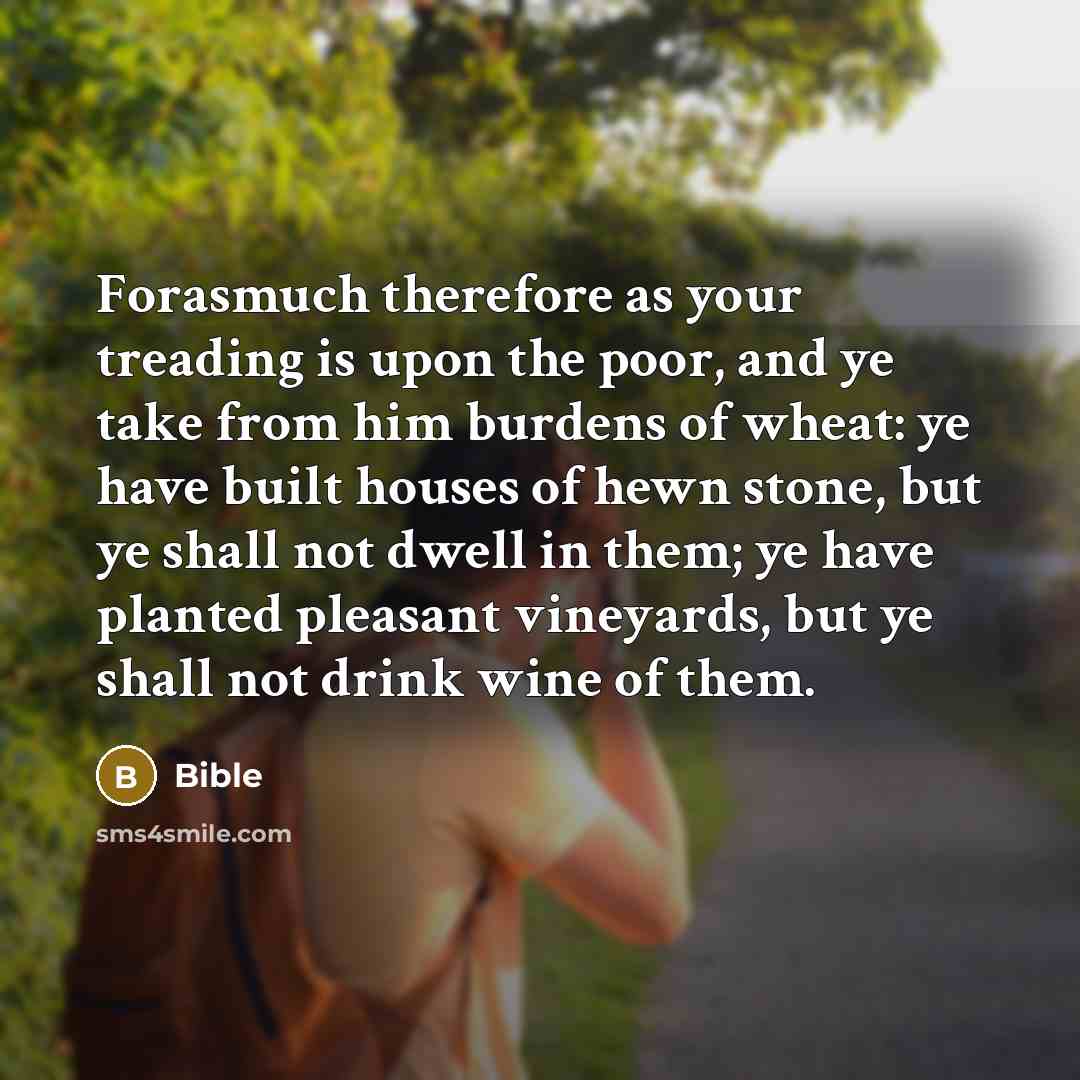 “Forasmuch therefore as your treading is upon the poor, and ye take from him burdens of wheat: ye have built houses of hewn stone, but ye shall not dwell in them; ye have planted pleasant vineyards, but ye shall not drink wine of them.” quote by Bible