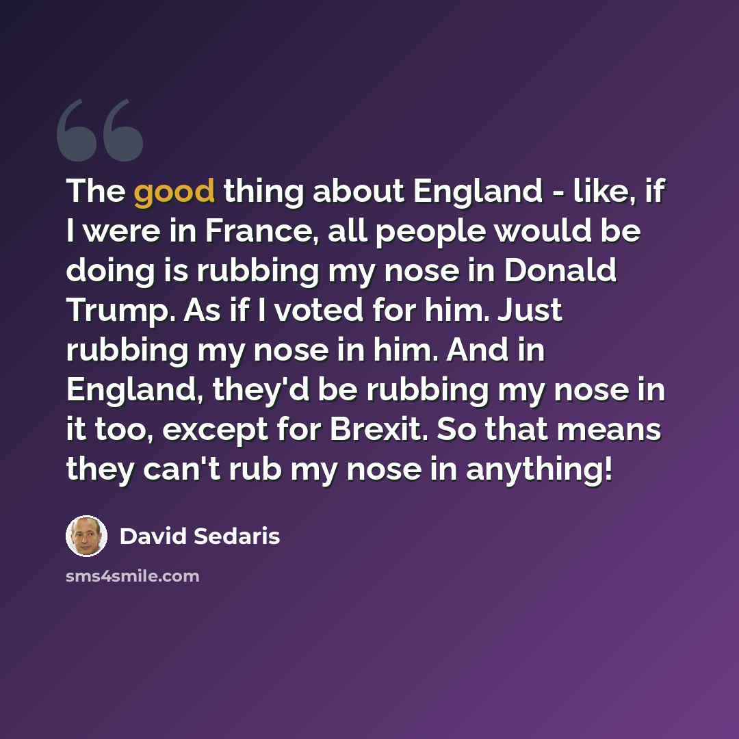 “The good thing about England - like, if I were in France, all people would be doing is rubbing my nose in Donald Trump. As if I voted for him. Just rubbing my nose in him. And in England, they'd be rubbing my nose in it too, except for Brexit. So that means they can't rub my nose in anything!” quote by David Sedaris