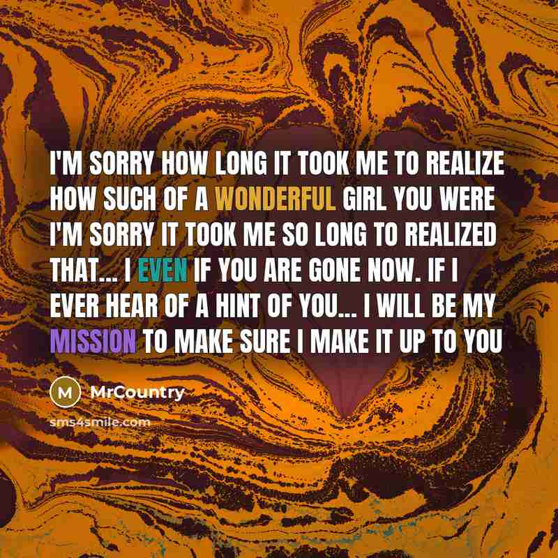 “I'm sorry how long it took me to realize how such of a wonderful girl you were I'm sorry it took me so long to realized that... I even if you are gone now. If I ever hear of a hint of you... I will be my mission to make sure I make it up to you” quote by MrCountry