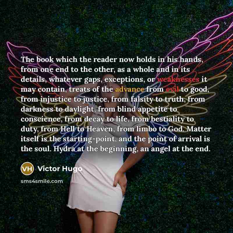 “The book which the reader now holds in his hands, from one end to the other, as a whole and in its details, whatever gaps, exceptions, or weaknesses it may contain, treats of the advance from evil to good, from injustice to justice, from falsity to truth, from darkness to daylight, from blind…” quote by Victor Hugo