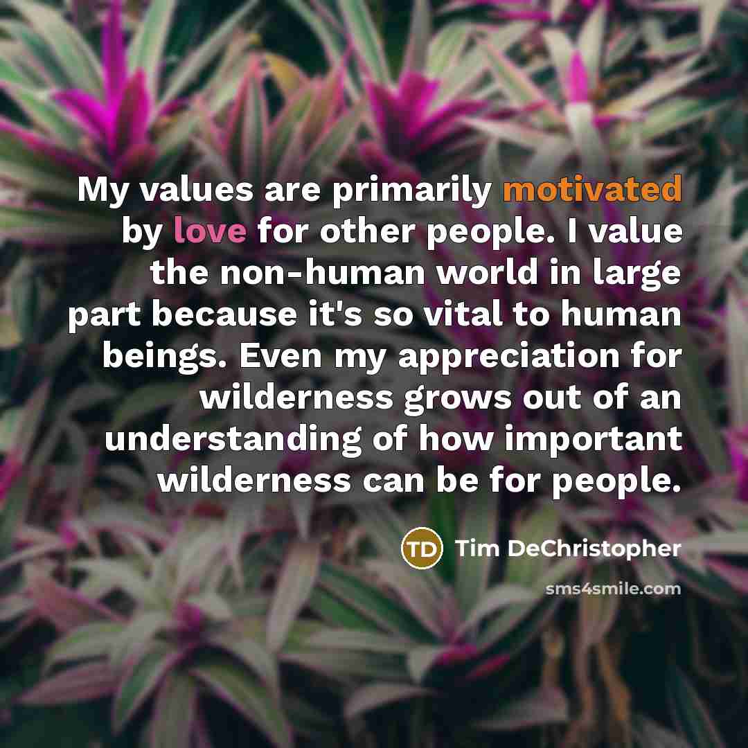 “My values are primarily motivated by love for other people. I value the non-human world in large part because it's so vital to human beings. Even my appreciation for wilderness grows out of an understanding of how important wilderness can be for people.” quote by Tim DeChristopher