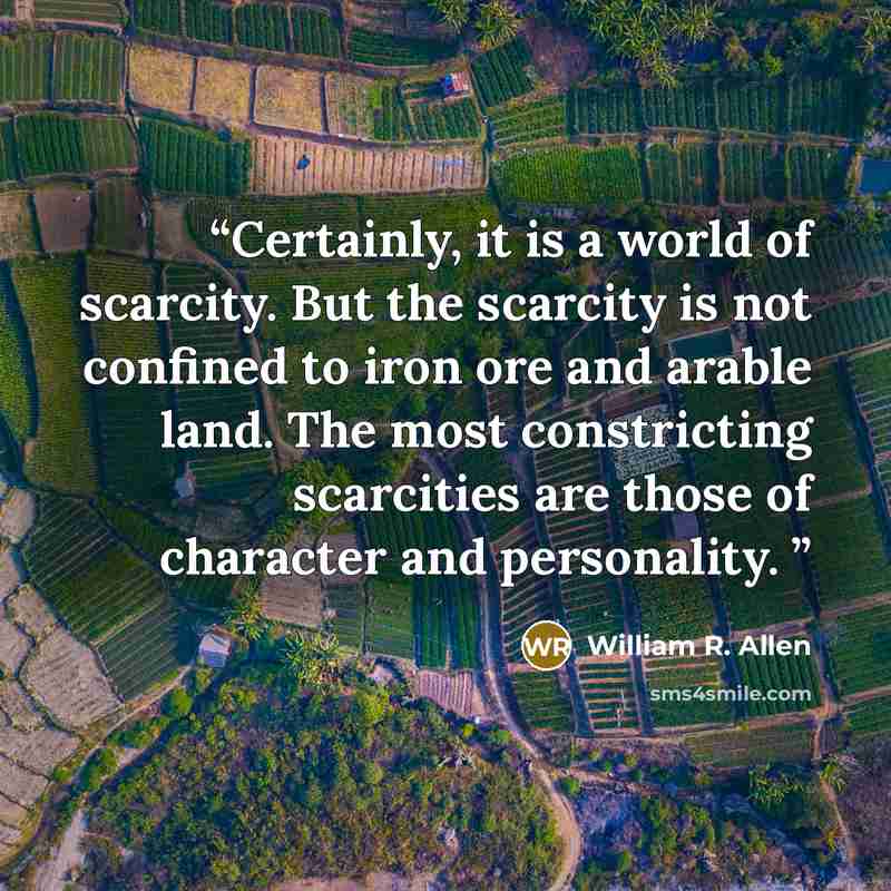 “Certainly, it is a world of scarcity. But the scarcity is not confined to iron ore and arable land. The most constricting scarcities are those of character and personality.” quote by William R. Allen
