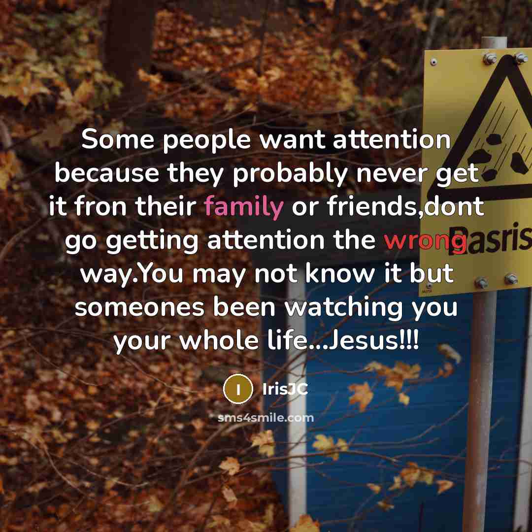“Some people want attention because they probably never get it fron their family or friends,dont go getting attention the wrong way.You may not know it but someones been watching you your whole life…Jesus!!!” quote by IrisJC