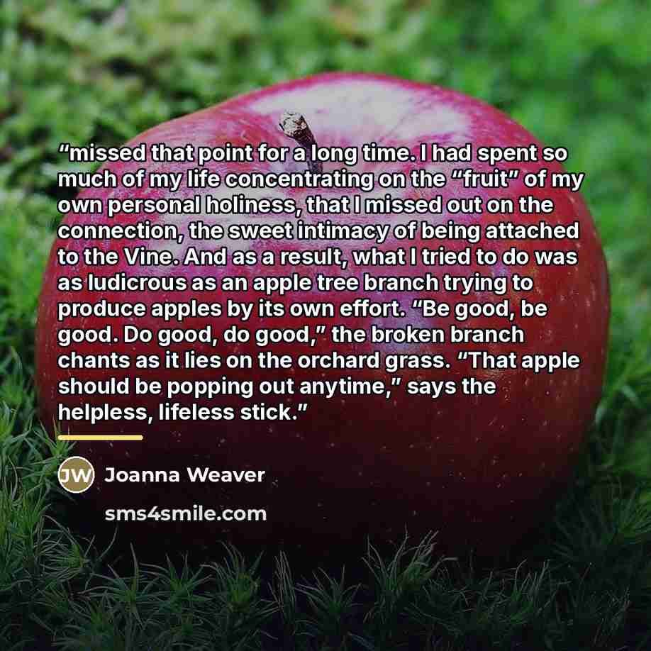 “missed that point for a long time. I had spent so much of my life concentrating on the “fruit” of my own personal holiness, that I missed out on the connection, the sweet intimacy of being attached to the Vine. And as a result, what I tried to do was as ludicrous as an apple tree branch trying to…” quote by Joanna Weaver