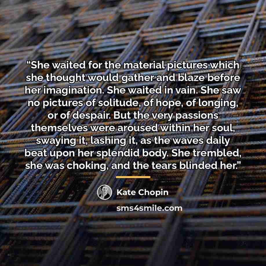 “She waited for the material pictures which she thought would gather and blaze before her imagination. She waited in vain. She saw no pictures of solitude, of hope, of longing, or of despair. But the very passions themselves were aroused within her soul, swaying it, lashing it, as the waves daily…” quote by Kate Chopin