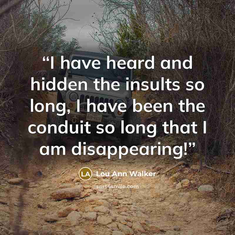 “I have heard and hidden the insults so long, I have been the conduit so long that I am disappearing!” quote by Lou Ann Walker