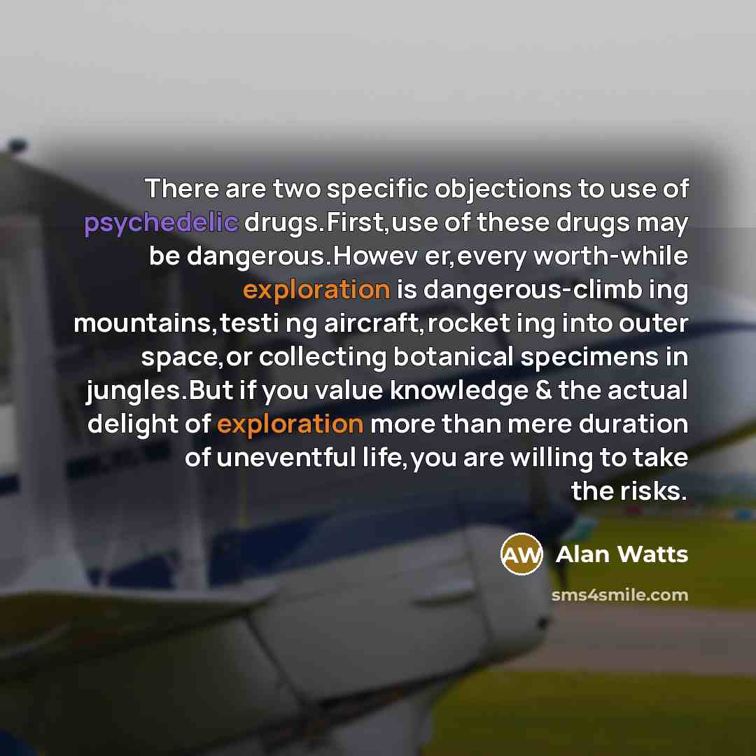 “There are two specific objections to use of psychedelic drugs.First,use of these drugs may be dangerous.Howev er,every worth-while exploration is dangerous-climb ing mountains,testi ng aircraft,rocket ing into outer space,or collecting botanical specimens in jungles.But if you value knowledge &…” quote by Alan Watts