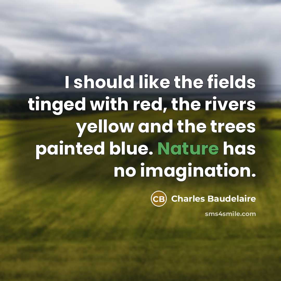 “I should like the fields tinged with red, the rivers yellow and the trees painted blue. Nature has no imagination.” quote by Charles Baudelaire