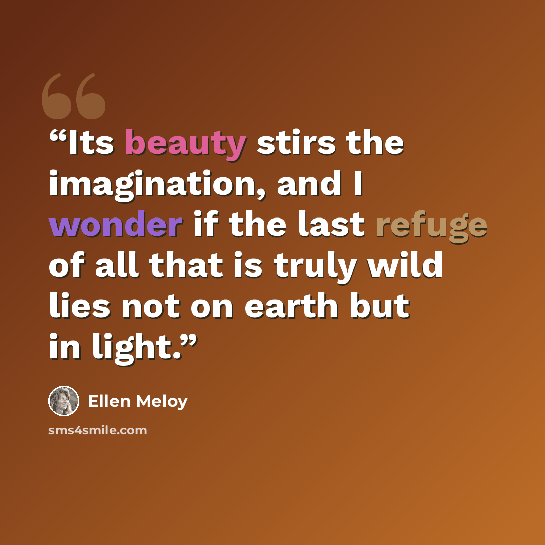 “Its beauty stirs the imagination, and I wonder if the last refuge of all that is truly wild lies not on earth but in light.” quote by Ellen Meloy