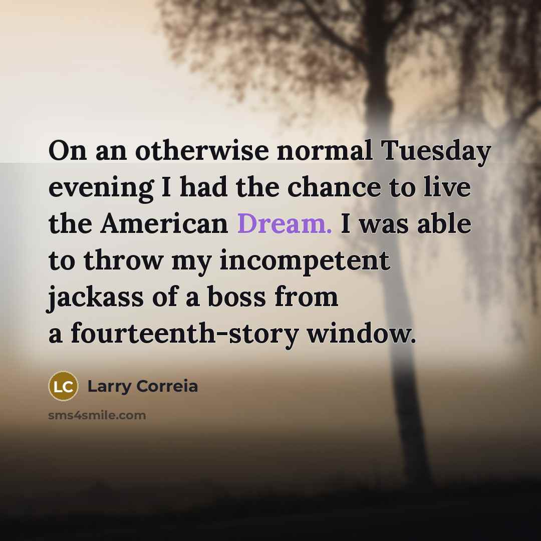 “On an otherwise normal Tuesday evening I had the chance to live the American Dream. I was able to throw my incompetent jackass of a boss from a fourteenth-story window.” quote by Larry Correia