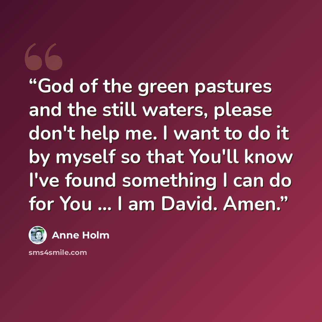 “God of the green pastures and the still waters, please don't help me. I want to do it by myself so that You'll know I've found something I can do for You ... I am David. Amen.” quote by Anne Holm