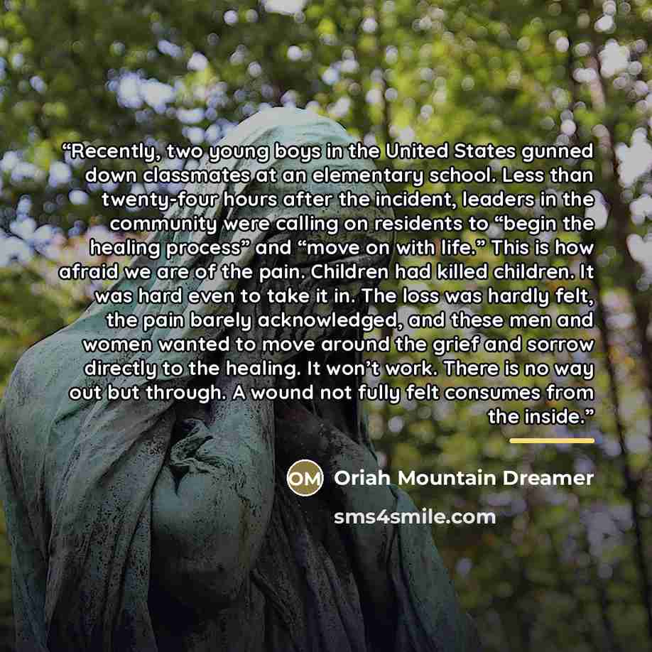 “Recently, two young boys in the United States gunned down classmates at an elementary school. Less than twenty-four hours after the incident, leaders in the community were calling on residents to “begin the healing process” and “move on with life.” This is how afraid we are of the pain. Children…” quote by Oriah Mountain Dreamer