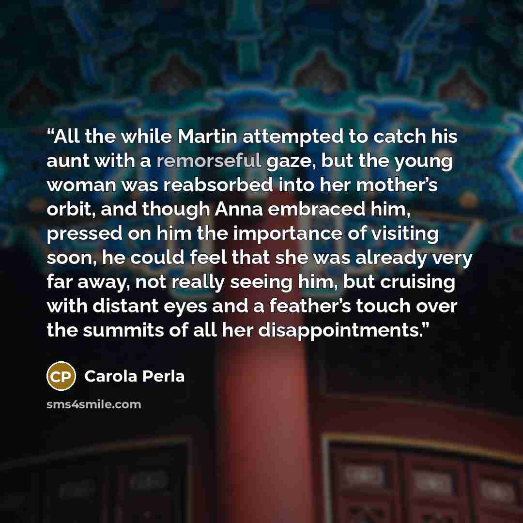 “All the while Martin attempted to catch his aunt with a remorseful gaze, but the young woman was reabsorbed into her mother’s orbit, and though Anna embraced him, pressed on him the importance of visiting soon, he could feel that she was already very far away, not really seeing him, but cruising…” quote by Carola Perla