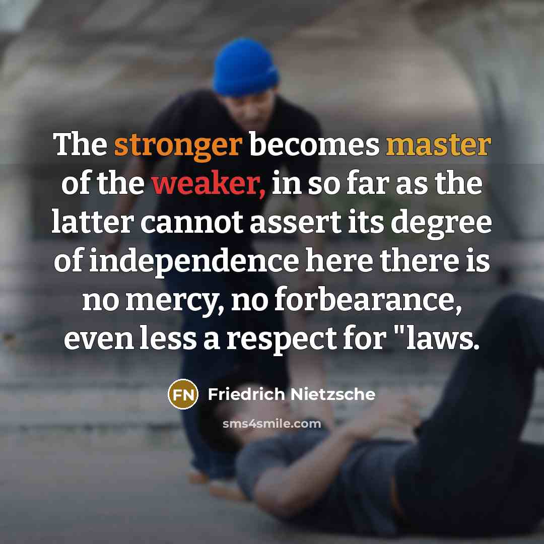 “The stronger becomes master of the weaker, in so far as the latter cannot assert its degree of independence here there is no mercy, no forbearance, even less a respect for "laws.” quote by Friedrich Nietzsche