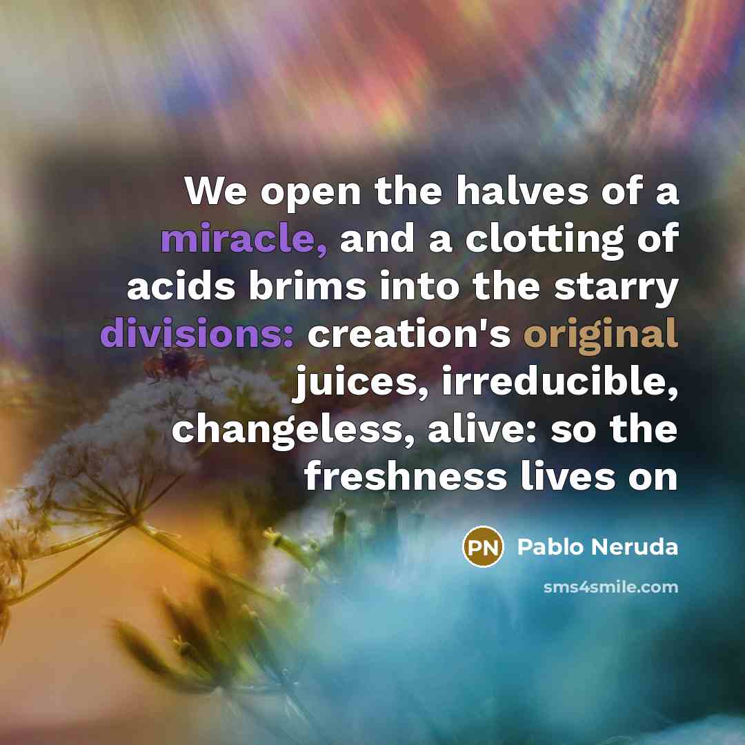 “We open the halves of a miracle, and a clotting of acids brims into the starry divisions: creation's original juices, irreducible, changeless, alive: so the freshness lives on” quote by Pablo Neruda