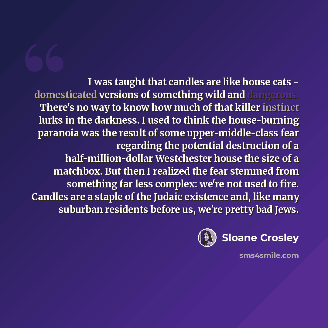 “I was taught that candles are like house cats - domesticated versions of something wild and dangerous. There's no way to know how much of that killer instinct lurks in the darkness. I used to think the house-burning paranoia was the result of some upper-middle-class fear regarding the potential…” quote by Sloane Crosley