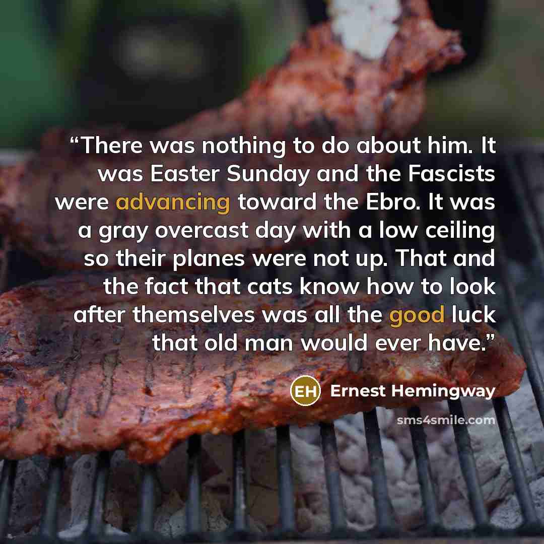 “There was nothing to do about him. It was Easter Sunday and the Fascists were advancing toward the Ebro. It was a gray overcast day with a low ceiling so their planes were not up. That and the fact that cats know how to look after themselves was all the good luck that old man would ever have.” quote by Ernest Hemingway
