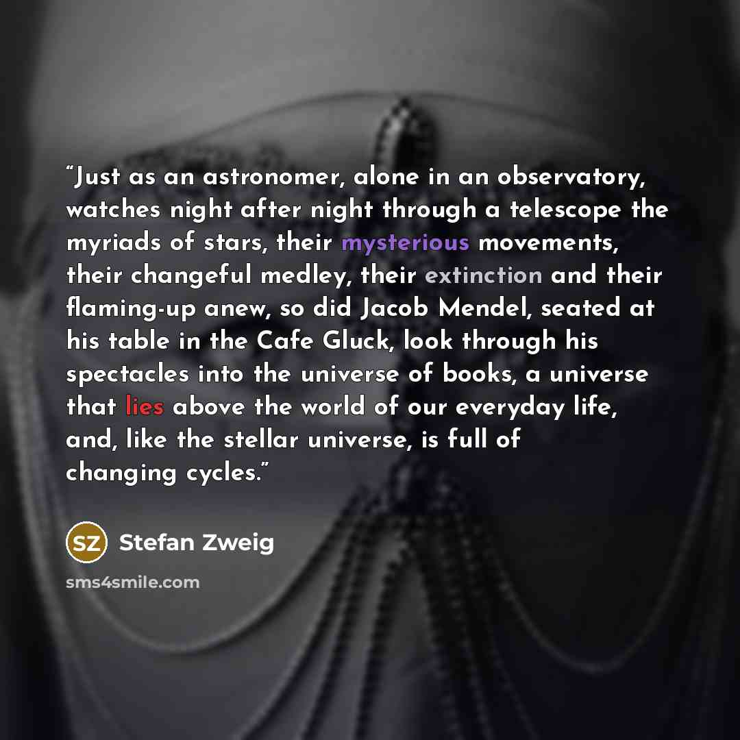 “Just as an astronomer, alone in an observatory, watches night after night through a telescope the myriads of stars, their mysterious movements, their changeful medley, their extinction and their flaming-up anew, so did Jacob Mendel, seated at his table in the Cafe Gluck, look through his…” quote by Stefan Zweig