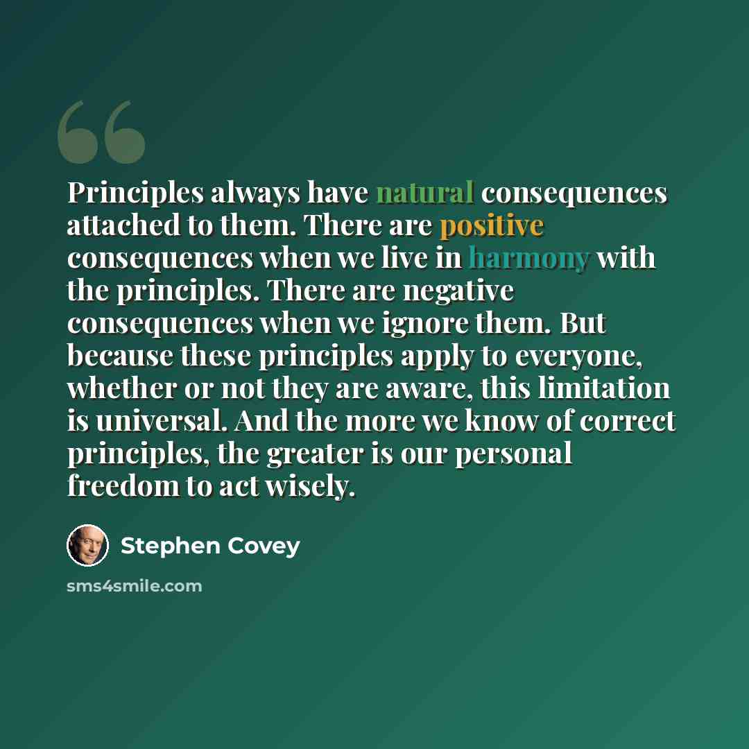 “Principles always have natural consequences attached to them. There are positive consequences when we live in harmony with the principles. There are negative consequences when we ignore them. But because these principles apply to everyone, whether or not they are aware, this limitation is…” quote by Stephen Covey