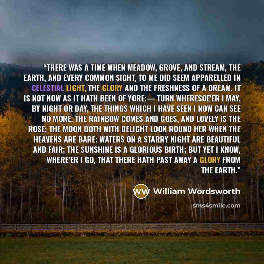 “There was a time when meadow, grove, and stream, The earth, and every common sight, To me did seem Apparelled in celestial light, The glory and the freshness of a dream. It is not now as it hath been of yore;— Turn wheresoe'er I may, By night or day, The things which I have seen I now can see no…” quote by William Wordsworth
