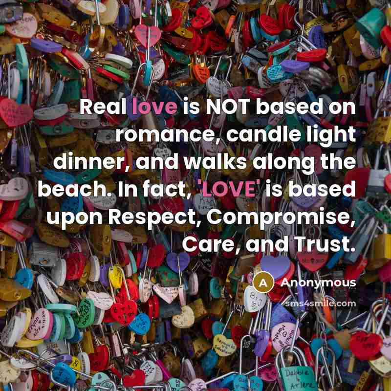 “Real love is NOT based on romance, candle light dinner, and walks along the beach. In fact, 'LOVE' is based upon Respect, Compromise, Care, and Trust.” quote by Anonymous