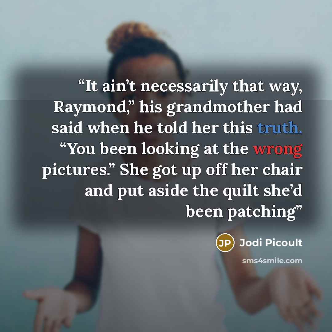“It ain’t necessarily that way, Raymond,” his grandmother had said when he told her this truth. “You been looking at the wrong pictures.” She got up off her chair and put aside the quilt she’d been patching” quote by Jodi Picoult