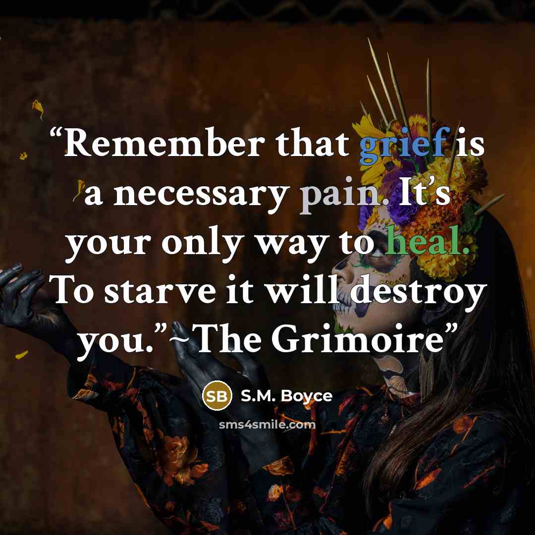 “Remember that grief is a necessary pain. It’s your only way to heal. To starve it will destroy you.”~The Grimoire” quote by S.M. Boyce