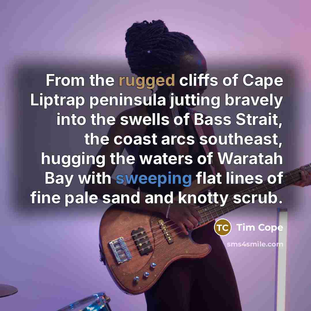 “From the rugged cliffs of Cape Liptrap peninsula jutting bravely into the swells of Bass Strait, the coast arcs southeast, hugging the waters of Waratah Bay with sweeping flat lines of fine pale sand and knotty scrub.” quote by Tim Cope