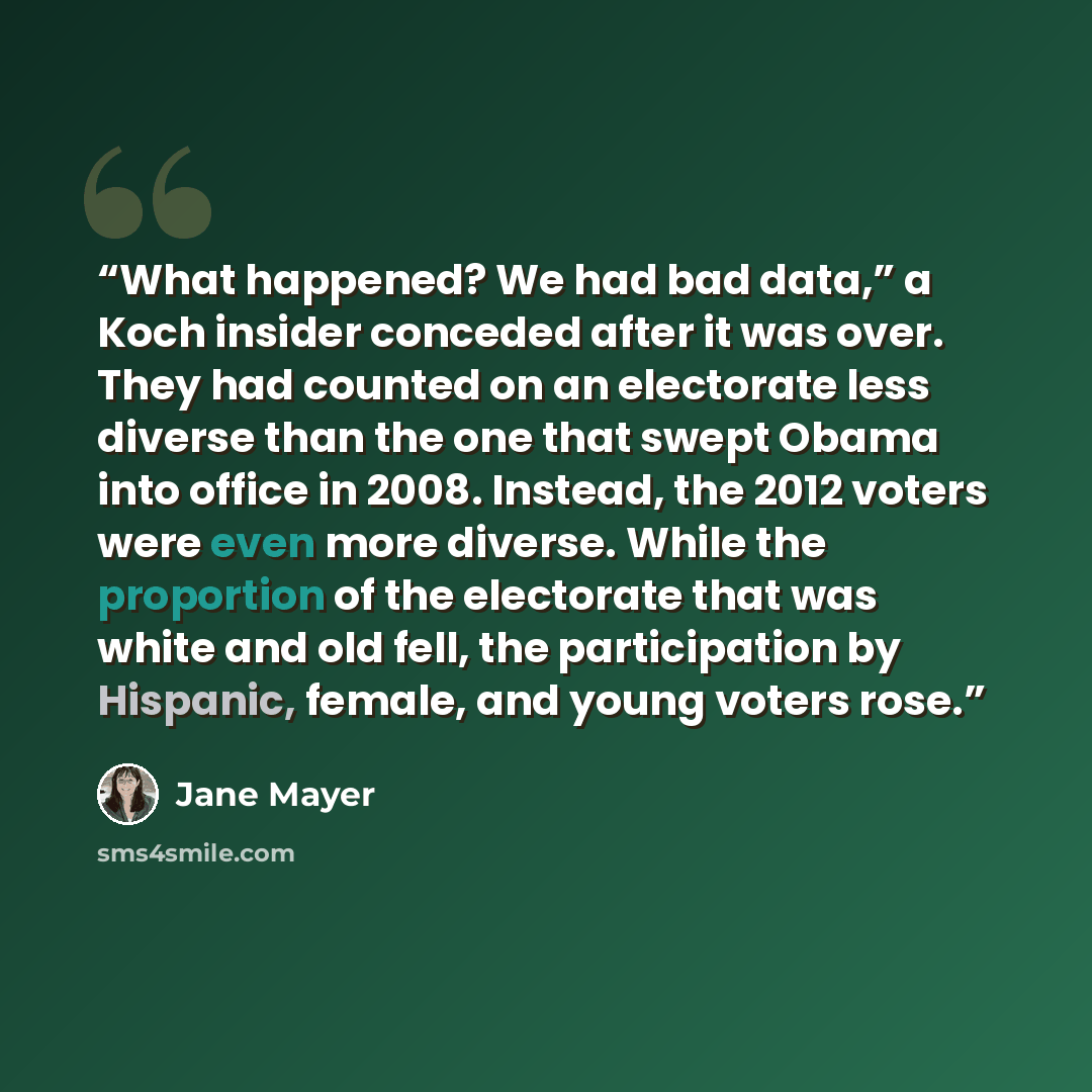 “What happened? We had bad data,” a Koch insider conceded after it was over. They had counted on an electorate less diverse than the one that swept Obama into office in 2008. Instead, the 2012 voters were even more diverse. While the proportion of the electorate that was white and old fell, the…” quote by Jane Mayer