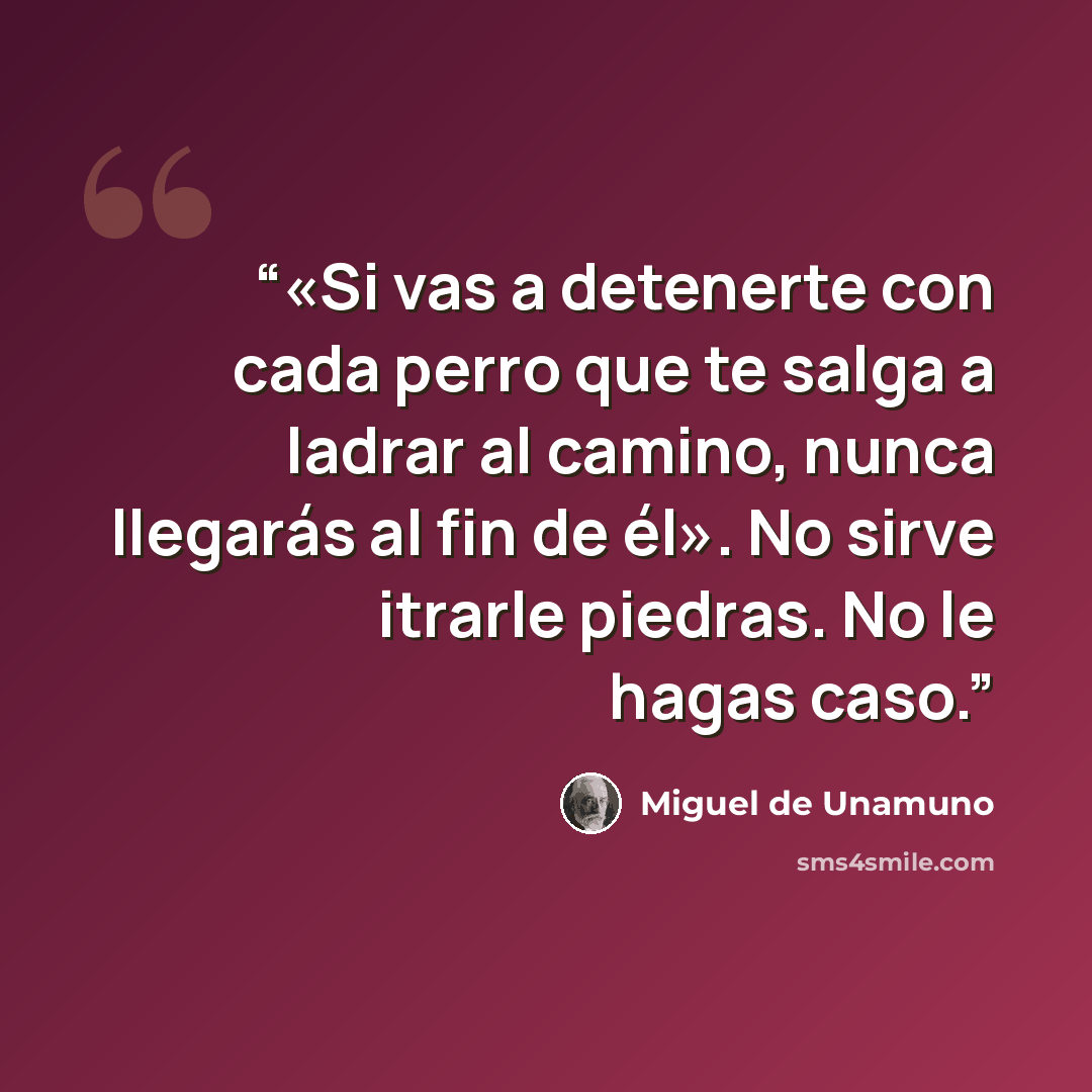 “«Si vas a detenerte con cada perro que te salga a ladrar al camino, nunca llegarás al fin de él». No sirve itrarle piedras. No le hagas caso.” quote by Miguel de Unamuno