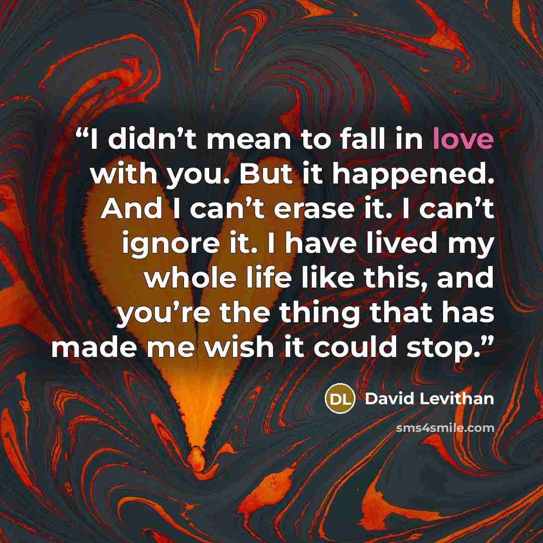 “I didn’t mean to fall in love with you. But it happened. And I can’t erase it. I can’t ignore it. I have lived my whole life like this, and you’re the thing that has made me wish it could stop.” quote by David Levithan