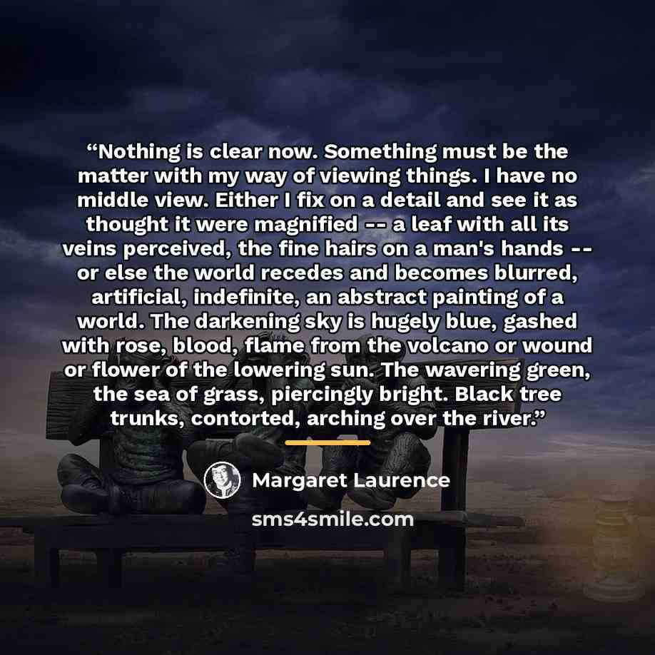 “Nothing is clear now. Something must be the matter with my way of viewing things. I have no middle view. Either I fix on a detail and see it as thought it were magnified -- a leaf with all its veins perceived, the fine hairs on a man's hands -- or else the world recedes and becomes blurred…” quote by Margaret Laurence