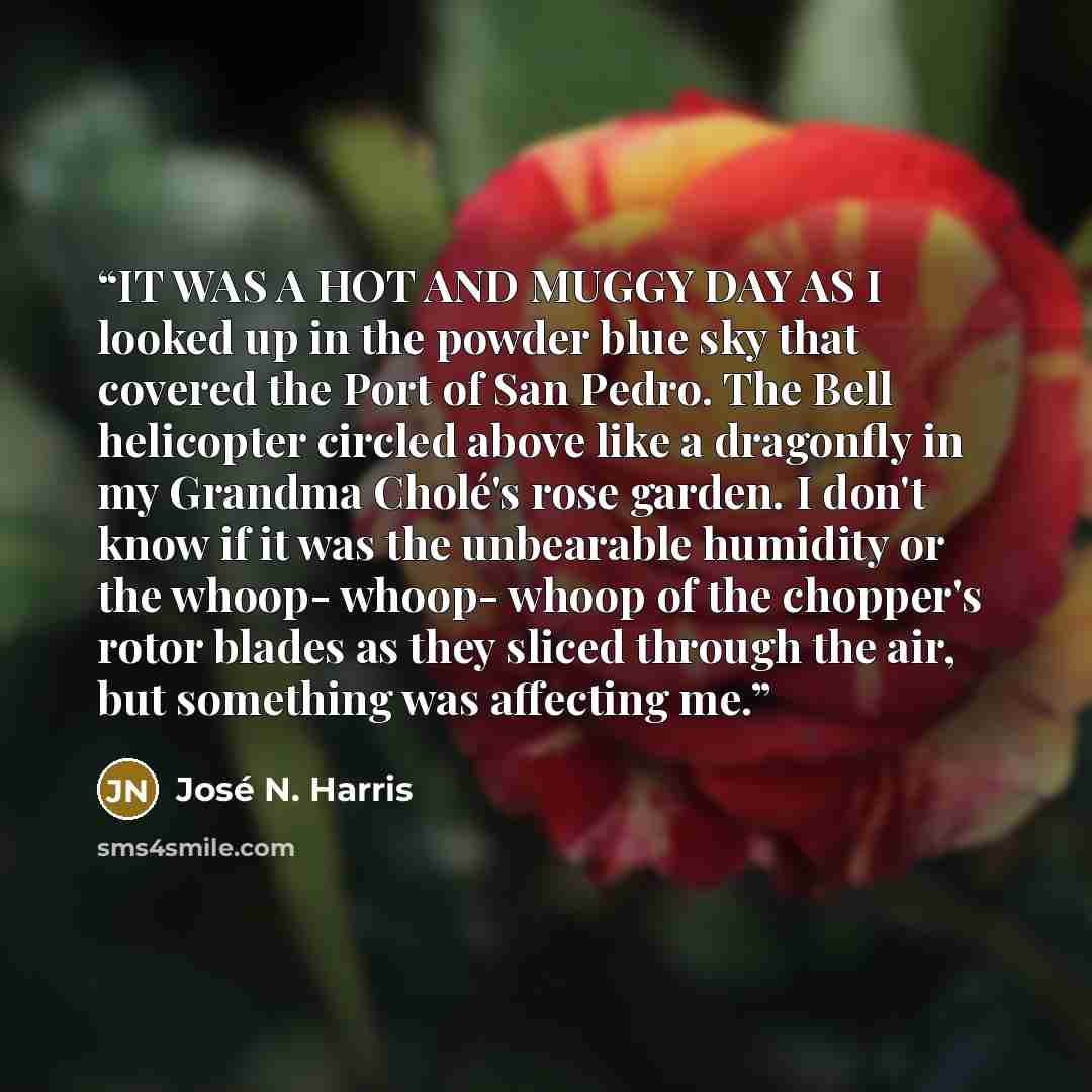 “IT WAS A HOT AND MUGGY DAY AS I looked up in the powder blue sky that covered the Port of San Pedro. The Bell helicopter circled above like a dragonfly in my Grandma Cholé's rose garden. I don't know if it was the unbearable humidity or the whoop- whoop- whoop of the chopper's rotor blades as they…” quote by José N. Harris