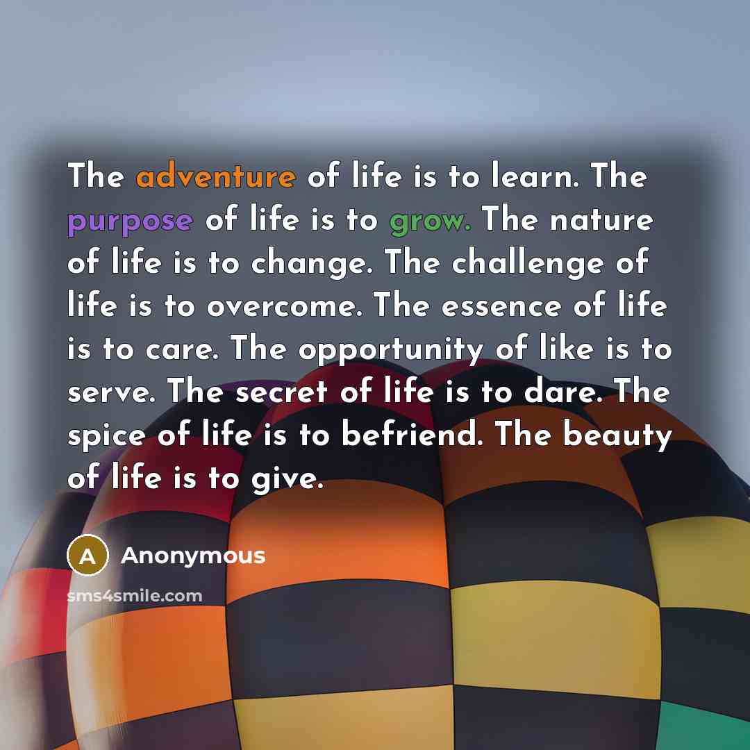 “The adventure of life is to learn. The purpose of life is to grow. The nature of life is to change. The challenge of life is to overcome. The essence of life is to care. The opportunity of like is to serve. The secret of life is to dare. The spice of life is to befriend. The beauty of life is to…” quote by Anonymous