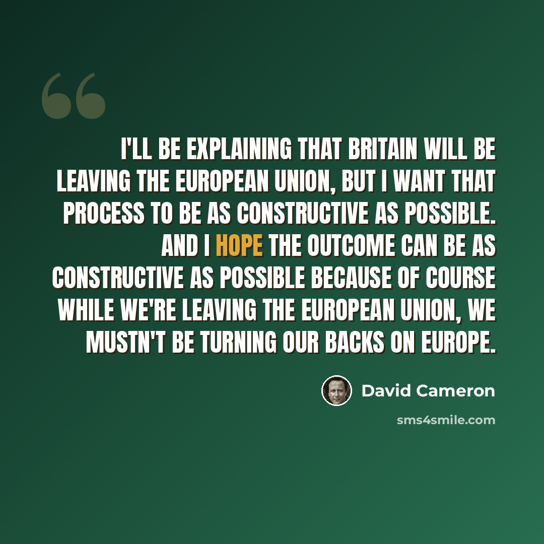 “I'll be explaining that Britain will be leaving the European Union, but I want that process to be as constructive as possible. And I hope the outcome can be as constructive as possible because of course while we're leaving the European Union, we mustn't be turning our backs on Europe.” quote by David Cameron