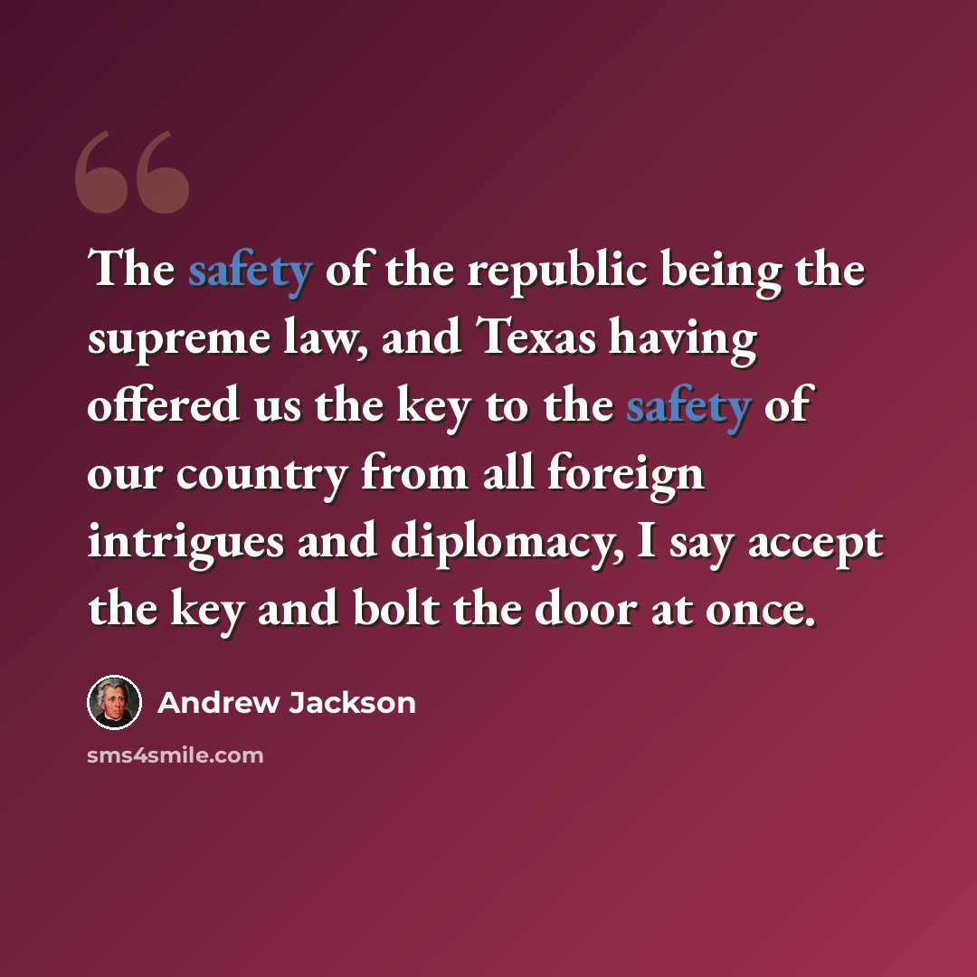 “The safety of the republic being the supreme law, and Texas having offered us the key to the safety of our country from all foreign intrigues and diplomacy, I say accept the key and bolt the door at once.” quote by Andrew Jackson
