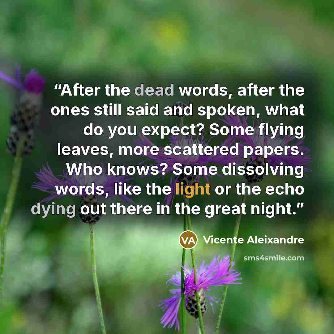 “After the dead words, after the ones still said and spoken, what do you expect? Some flying leaves, more scattered papers. Who knows? Some dissolving words, like the light or the echo dying out there in the great night.” quote by Vicente Aleixandre