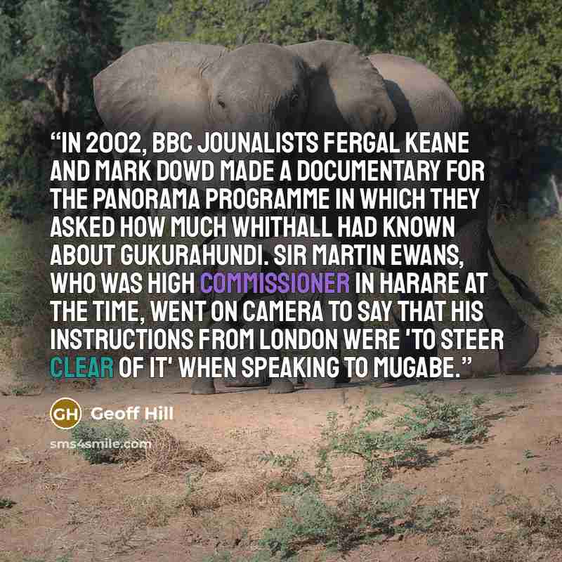 “In 2002, BBC jounalists Fergal Keane and Mark Dowd made a documentary for the Panorama programme in which they asked how much Whithall had known about Gukurahundi. Sir Martin Ewans, who was high commissioner in Harare at the time, went on camera to say that his instructions from London were 'to…” quote by Geoff Hill