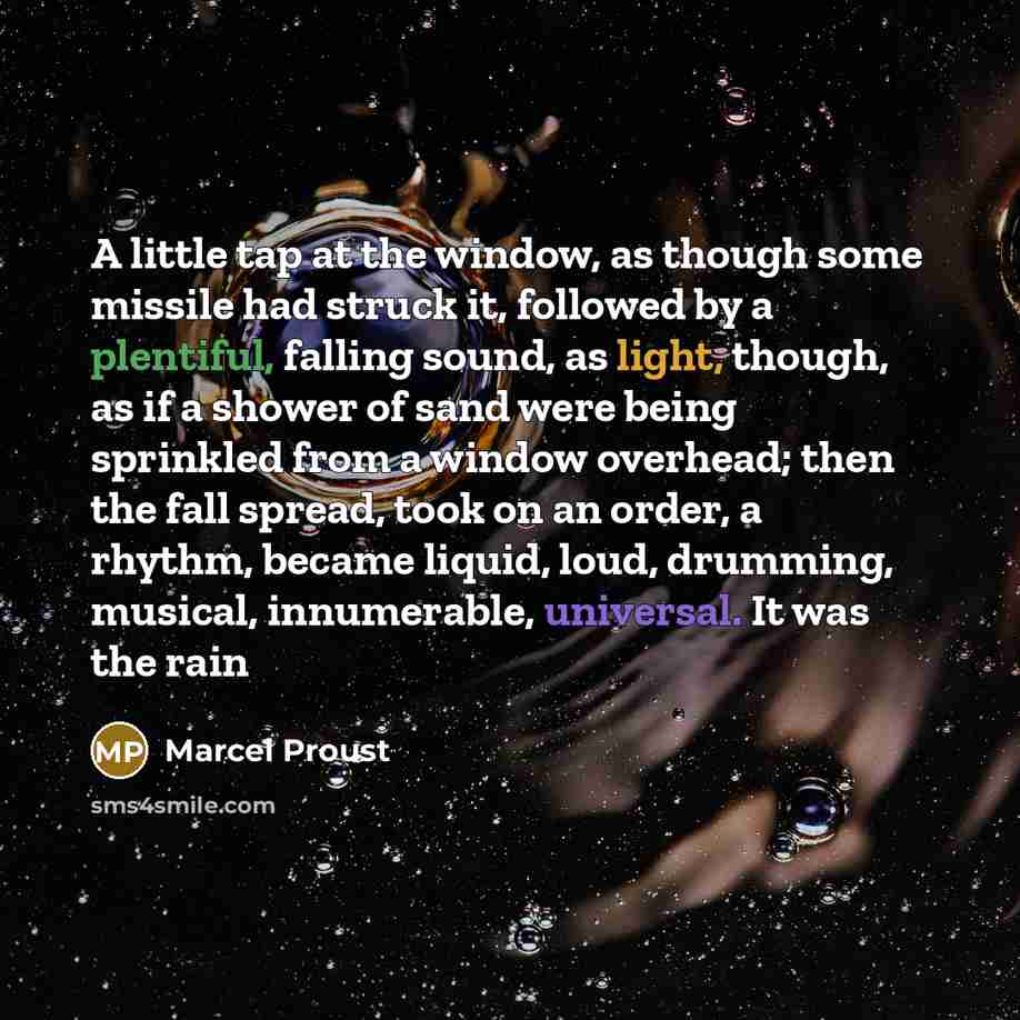 “A little tap at the window, as though some missile had struck it, followed by a plentiful, falling sound, as light, though, as if a shower of sand were being sprinkled from a window overhead; then the fall spread, took on an order, a rhythm, became liquid, loud, drumming, musical, innumerable…” quote by Marcel Proust