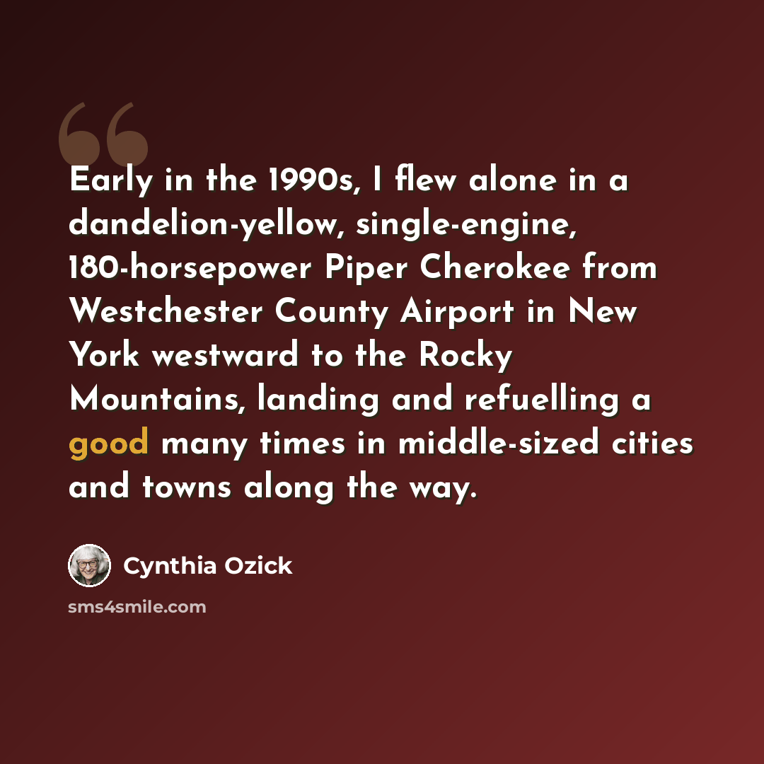 “Early in the 1990s, I flew alone in a dandelion-yellow, single-engine, 180-horsepower Piper Cherokee from Westchester County Airport in New York westward to the Rocky Mountains, landing and refuelling a good many times in middle-sized cities and towns along the way.” quote by Cynthia Ozick