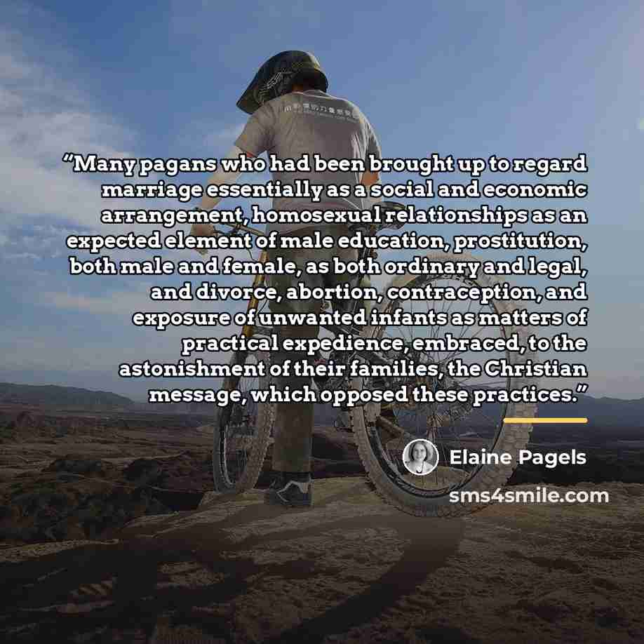 “Many pagans who had been brought up to regard marriage essentially as a social and economic arrangement, homosexual relationships as an expected element of male education, prostitution, both male and female, as both ordinary and legal, and divorce, abortion, contraception, and exposure of unwanted…” quote by Elaine Pagels