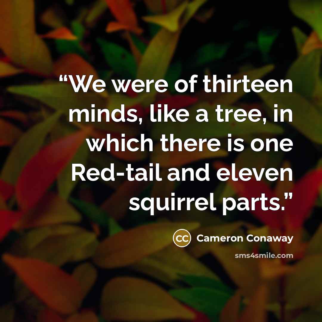“We were of thirteen minds, like a tree, in which there is one Red-tail and eleven squirrel parts.” quote by Cameron Conaway