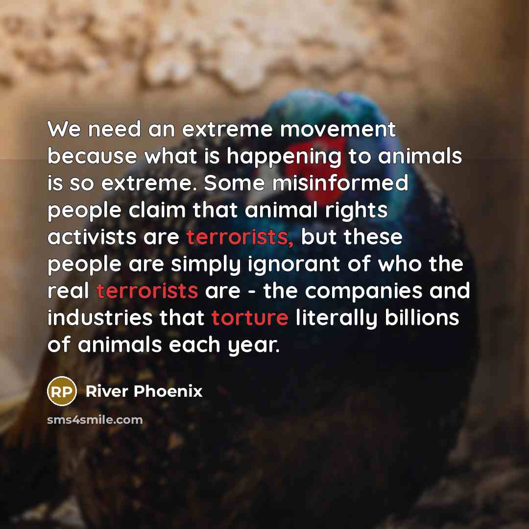 “We need an extreme movement because what is happening to animals is so extreme. Some misinformed people claim that animal rights activists are terrorists, but these people are simply ignorant of who the real terrorists are - the companies and industries that torture literally billions of animals…” quote by River Phoenix