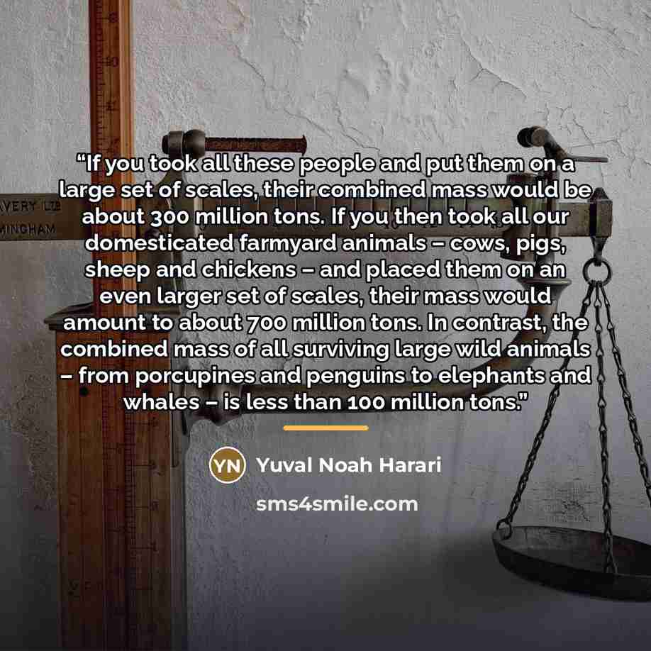 “If you took all these people and put them on a large set of scales, their combined mass would be about 300 million tons. If you then took all our domesticated farmyard animals – cows, pigs, sheep and chickens – and placed them on an even larger set of scales, their mass would amount to about 700…” quote by Yuval Noah Harari