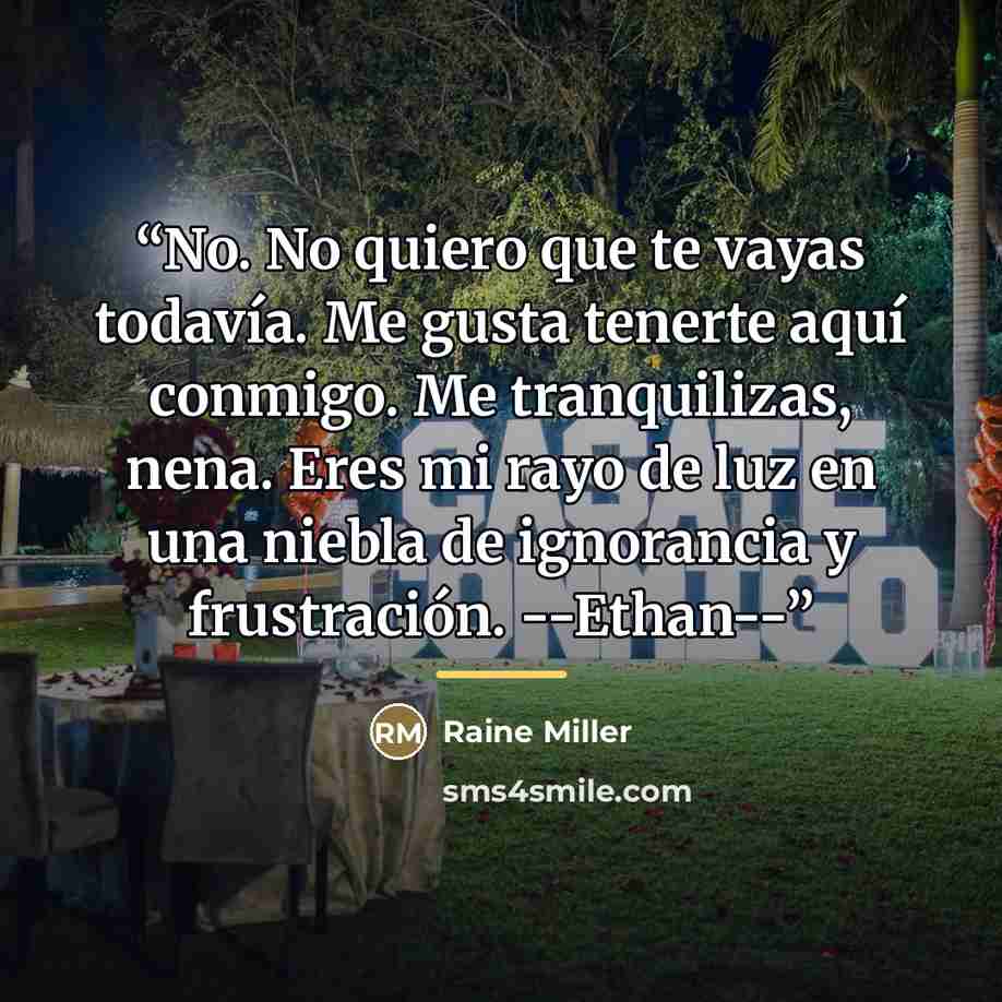 “No. No quiero que te vayas todavía. Me gusta tenerte aquí conmigo. Me tranquilizas, nena. Eres mi rayo de luz en una niebla de ignorancia y frustración. --Ethan--” quote by Raine Miller